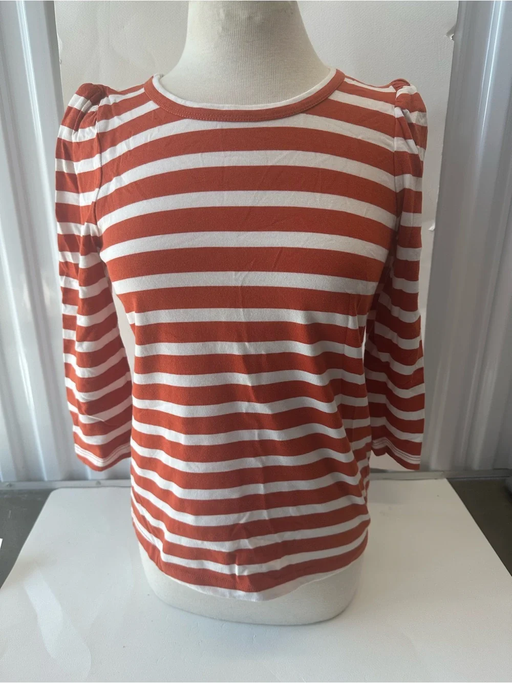 Jcrew NEW Vionic Rust and White Striped Puff-Sleeve Long Sleeve Top size XS